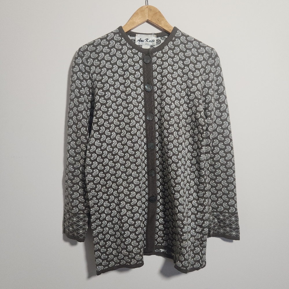 Ami Knits Olive Green Cream Print Vintage Long Knit Cardigan Button Front